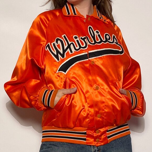 Vintage 1980s Orange & Black "Whirlies" Satin Bomber! Medium to Large - Picture 6 of 11